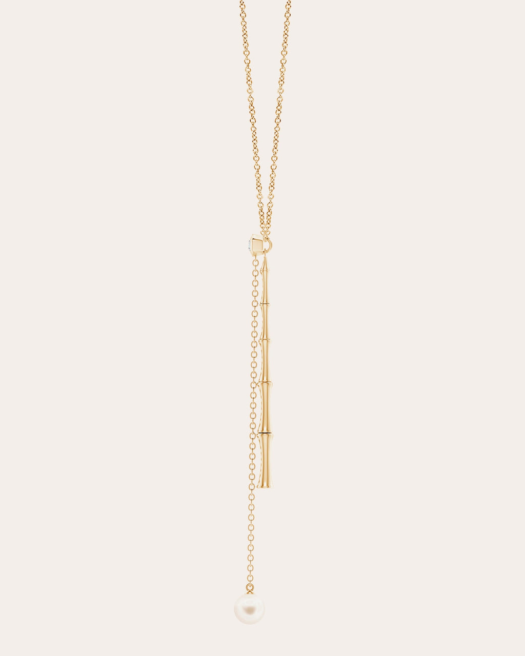 Bamboo 14K Gold Pearl and Diamond Lariat Necklace