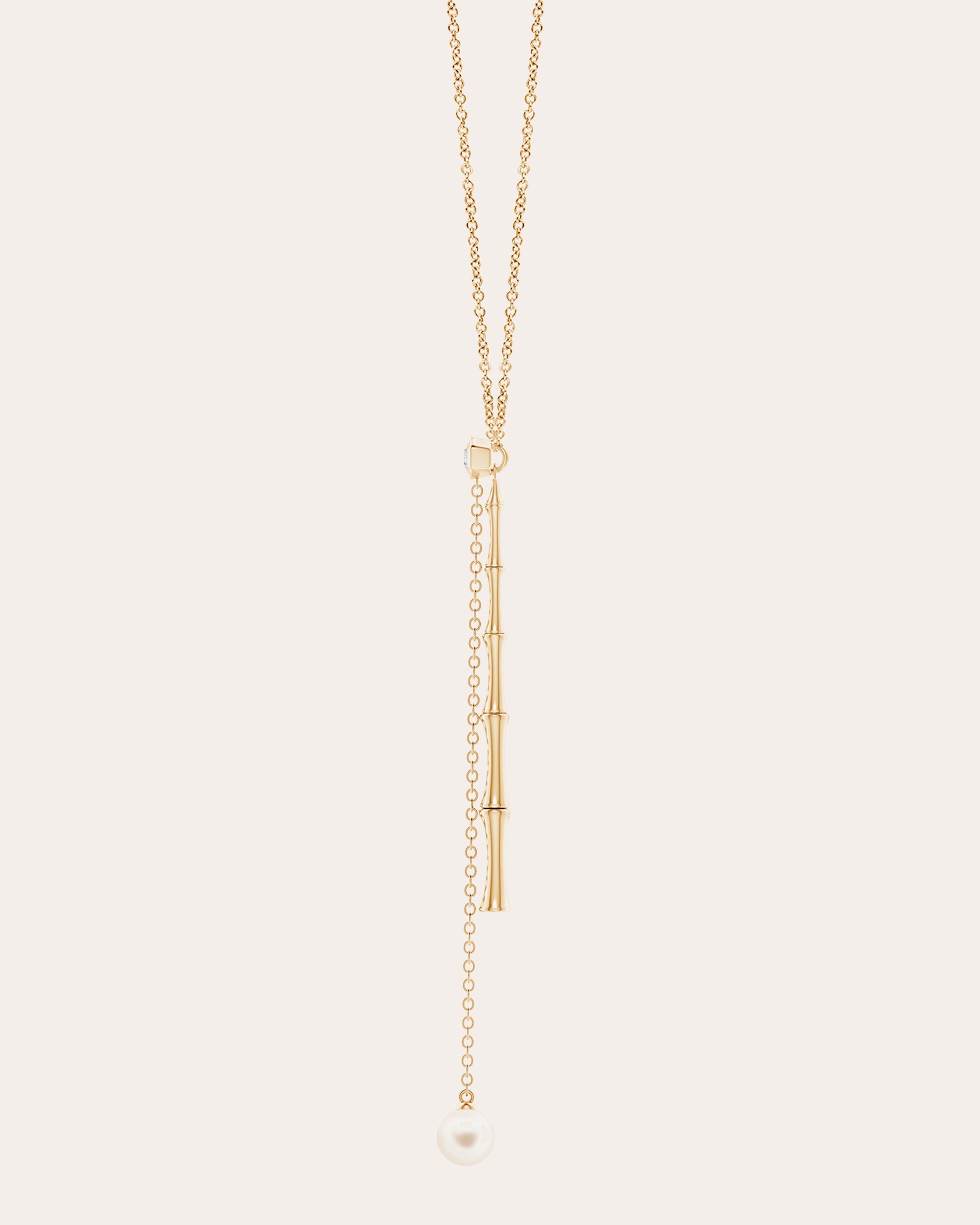 Bamboo 14K Gold Pearl and Diamond Lariat Necklace