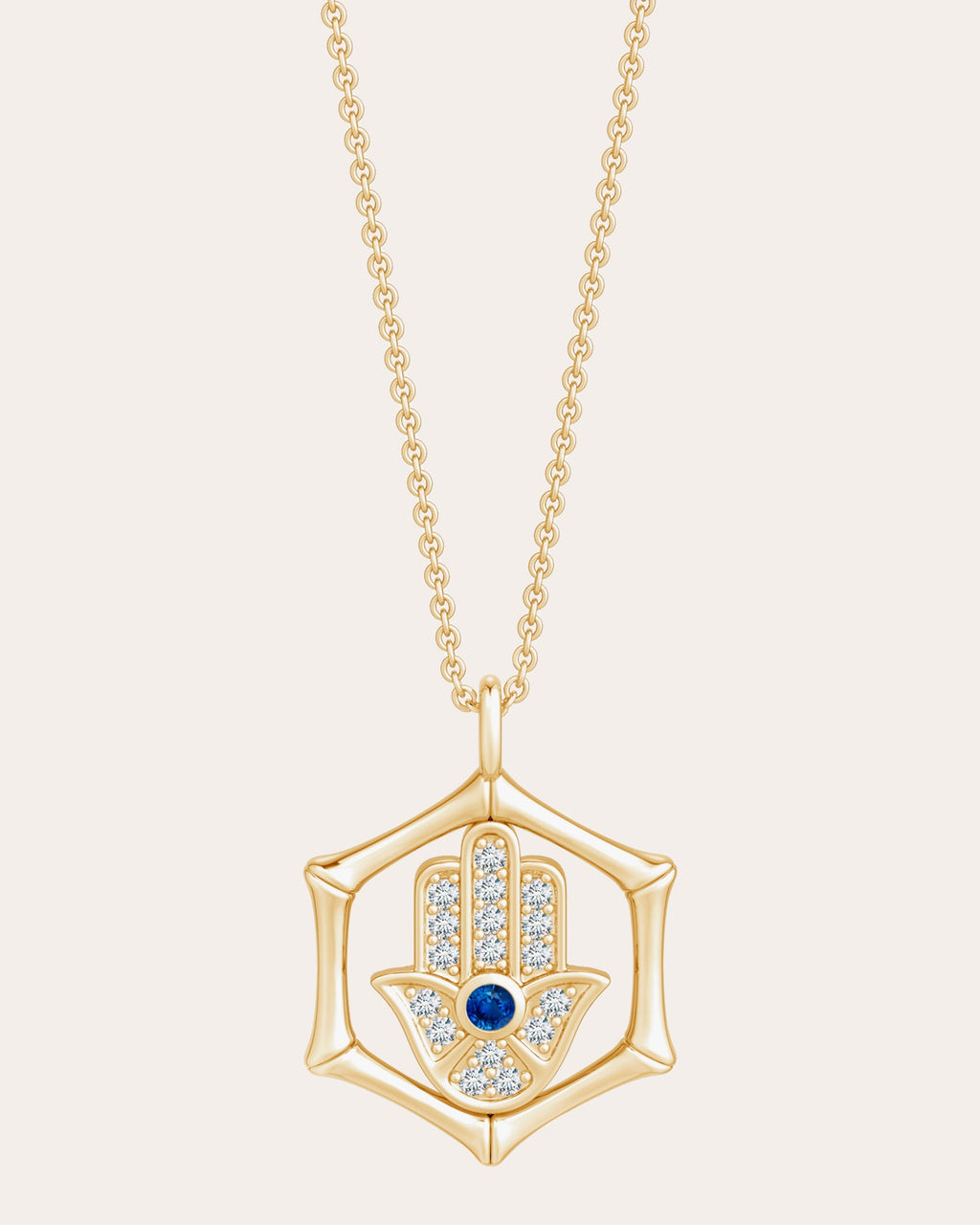 Bamboo 14K Gold Sapphire and Diamond Hamsa Pendant Necklace