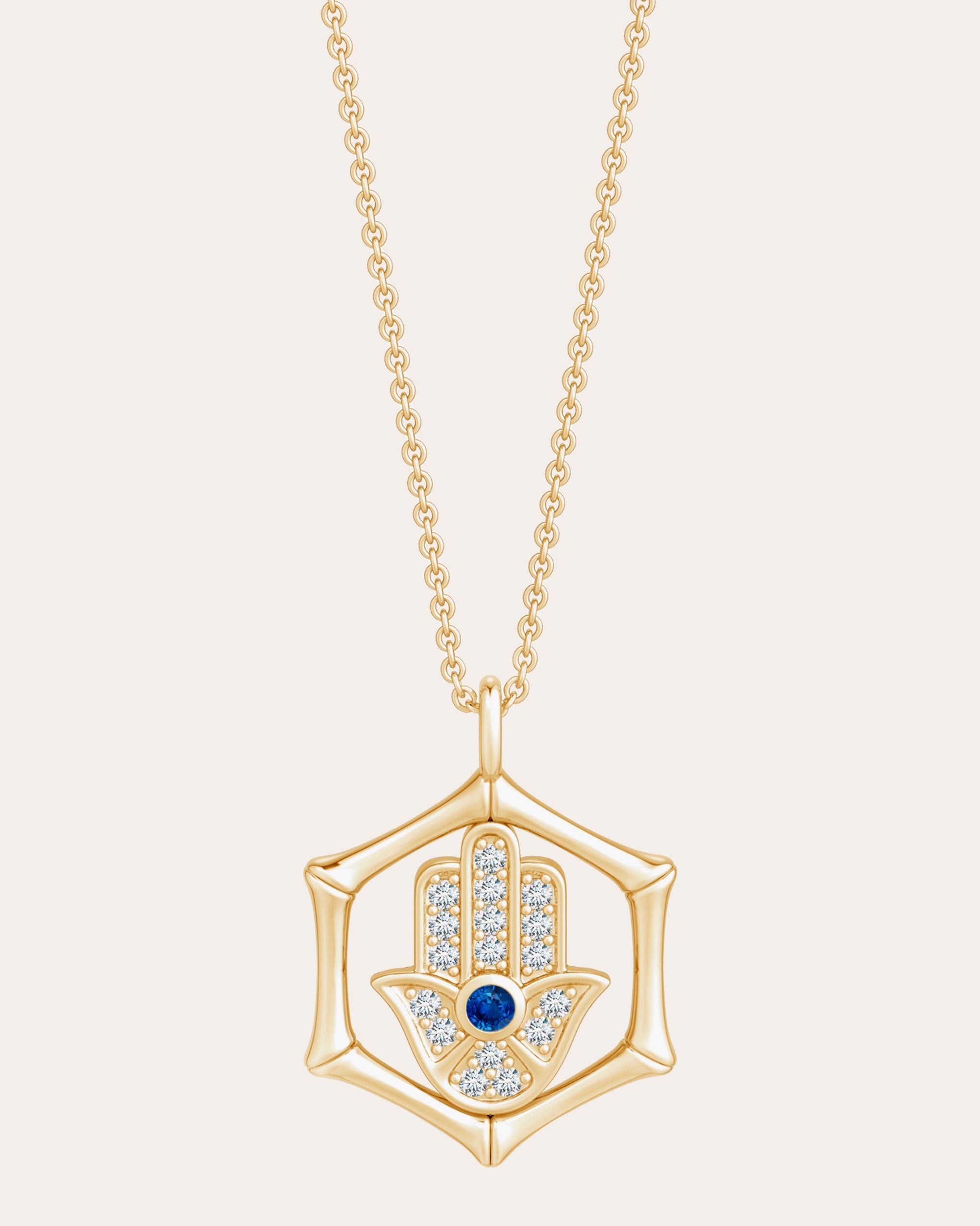Bamboo 14K Gold Sapphire and Diamond Hamsa Pendant Necklace