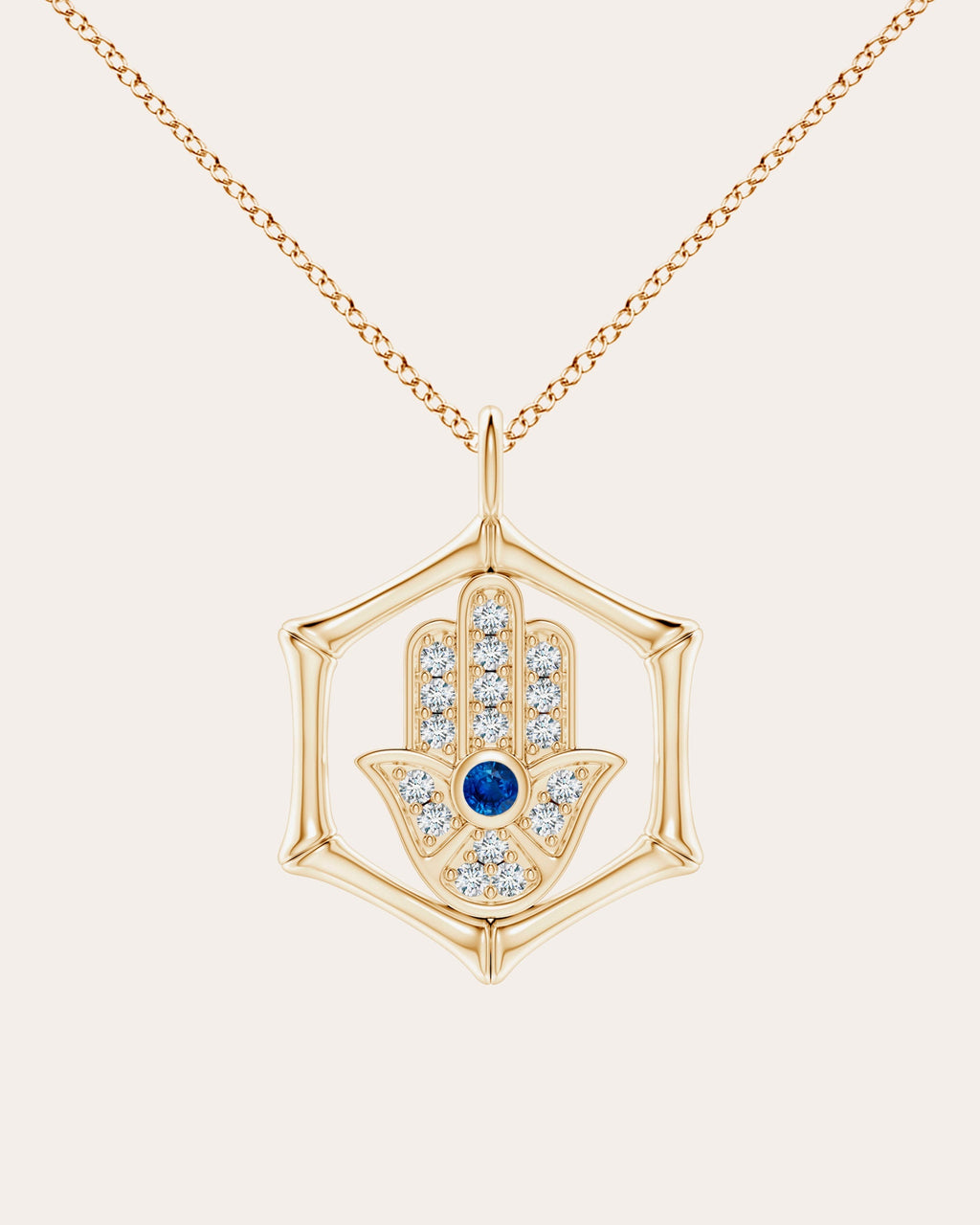 Bamboo 14K Gold Sapphire and Diamond Hamsa Pendant Necklace