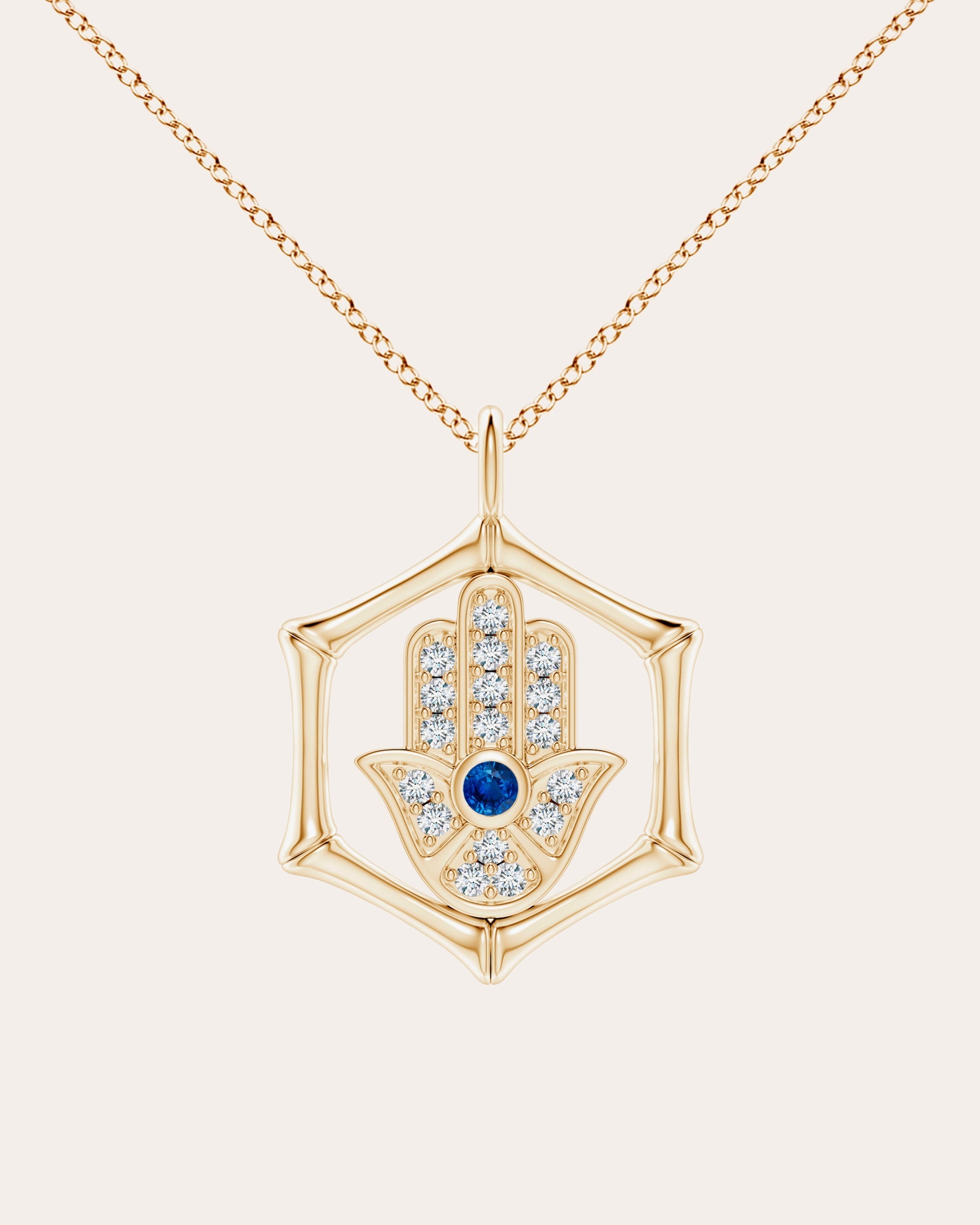 Bamboo 14K Gold Sapphire and Diamond Hamsa Pendant Necklace