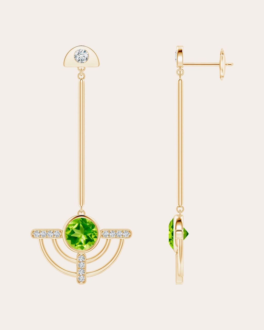 Bar 14K Gold Peridot and Diamond Earrings