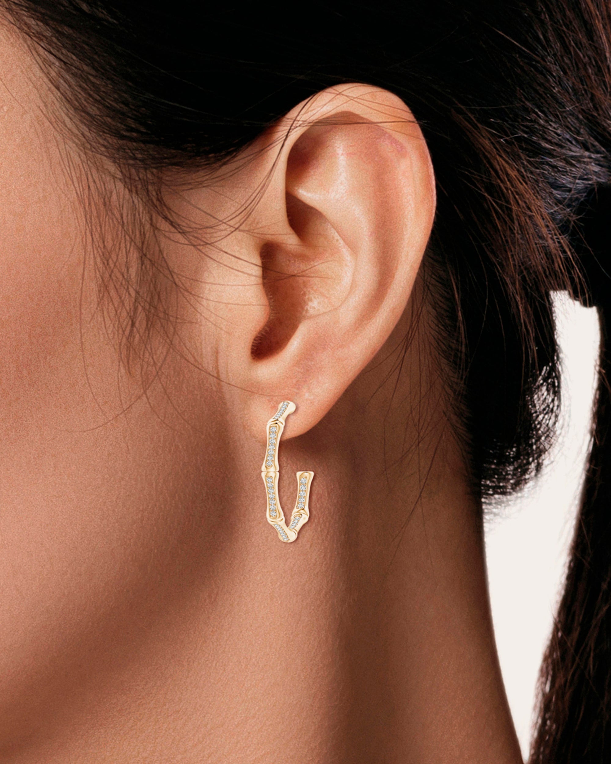 Small Indochine Bamboo 14K Gold Diamond Hoop Earrings