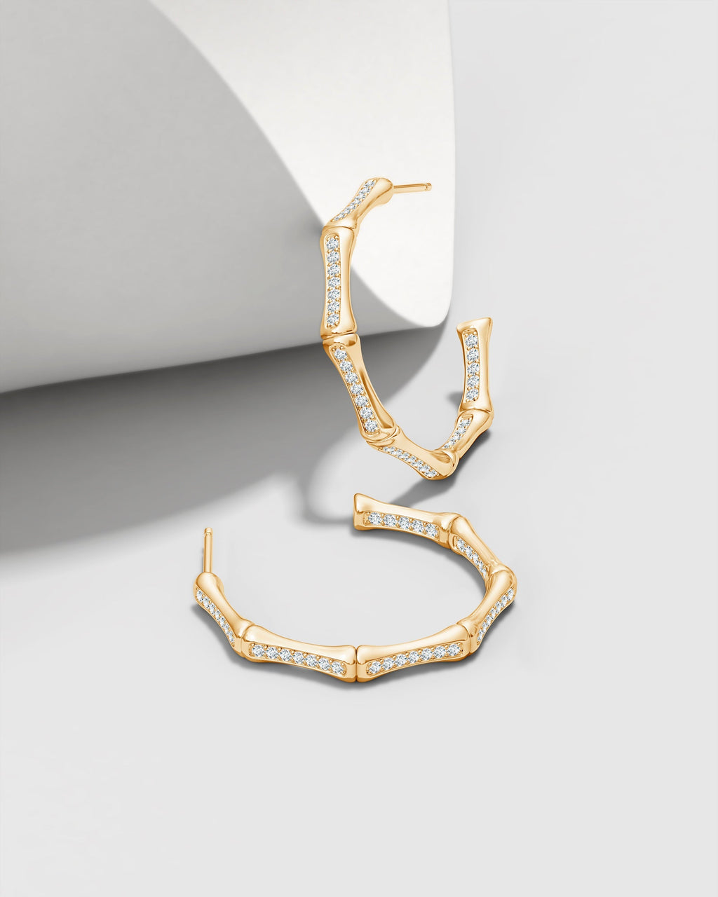 Small Indochine Bamboo 14K Gold Diamond Hoop Earrings
