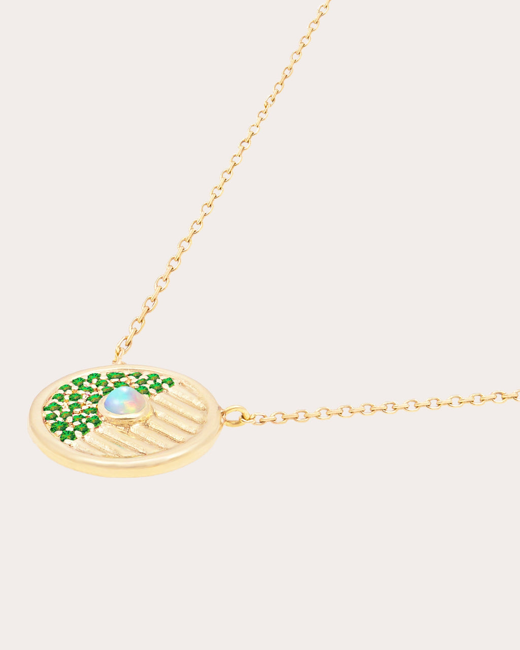 Found Small 14K Gold Tsavorite and Opal Disk Pendant Necklace