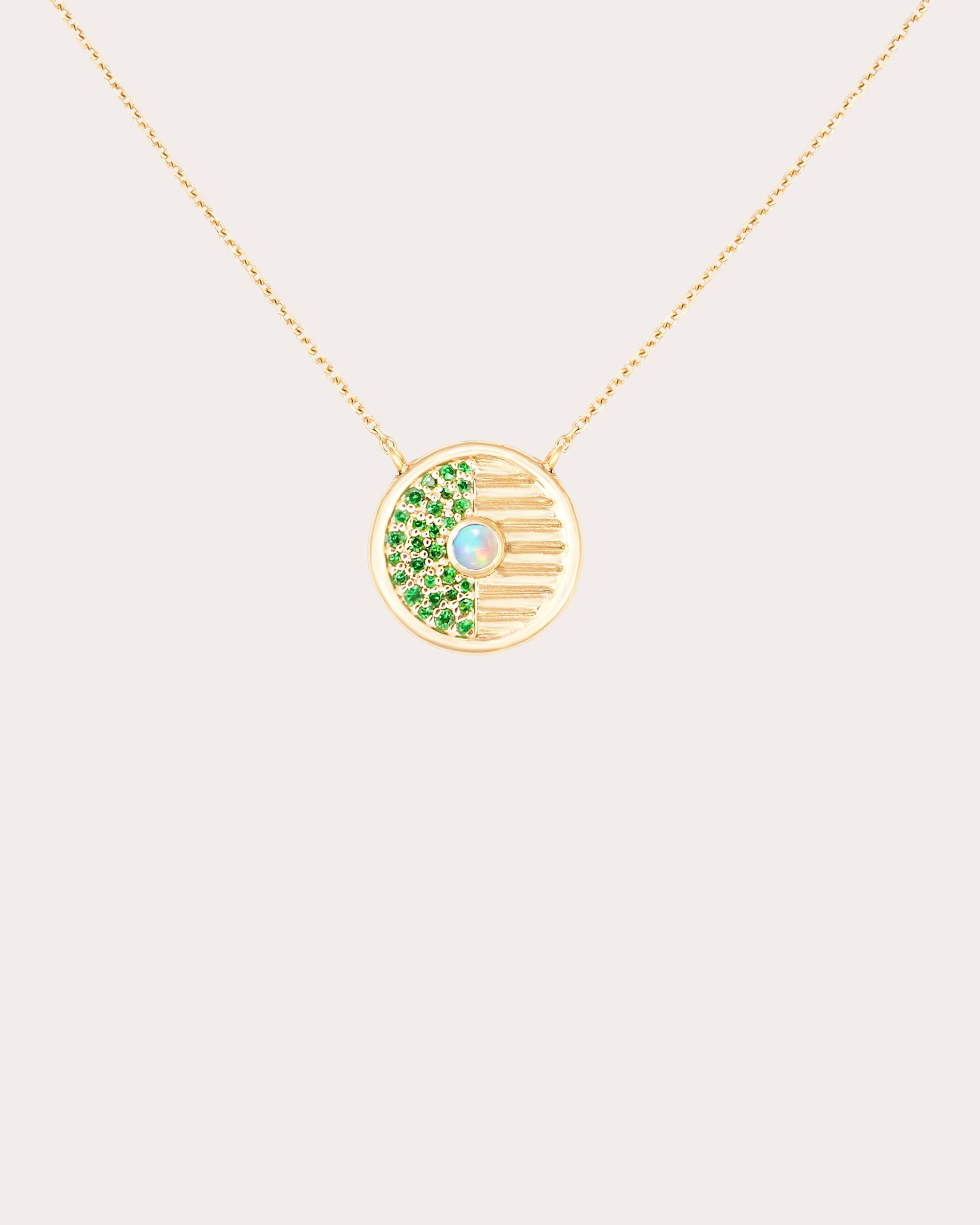 Found Small 14K Gold Tsavorite and Opal Disk Pendant Necklace