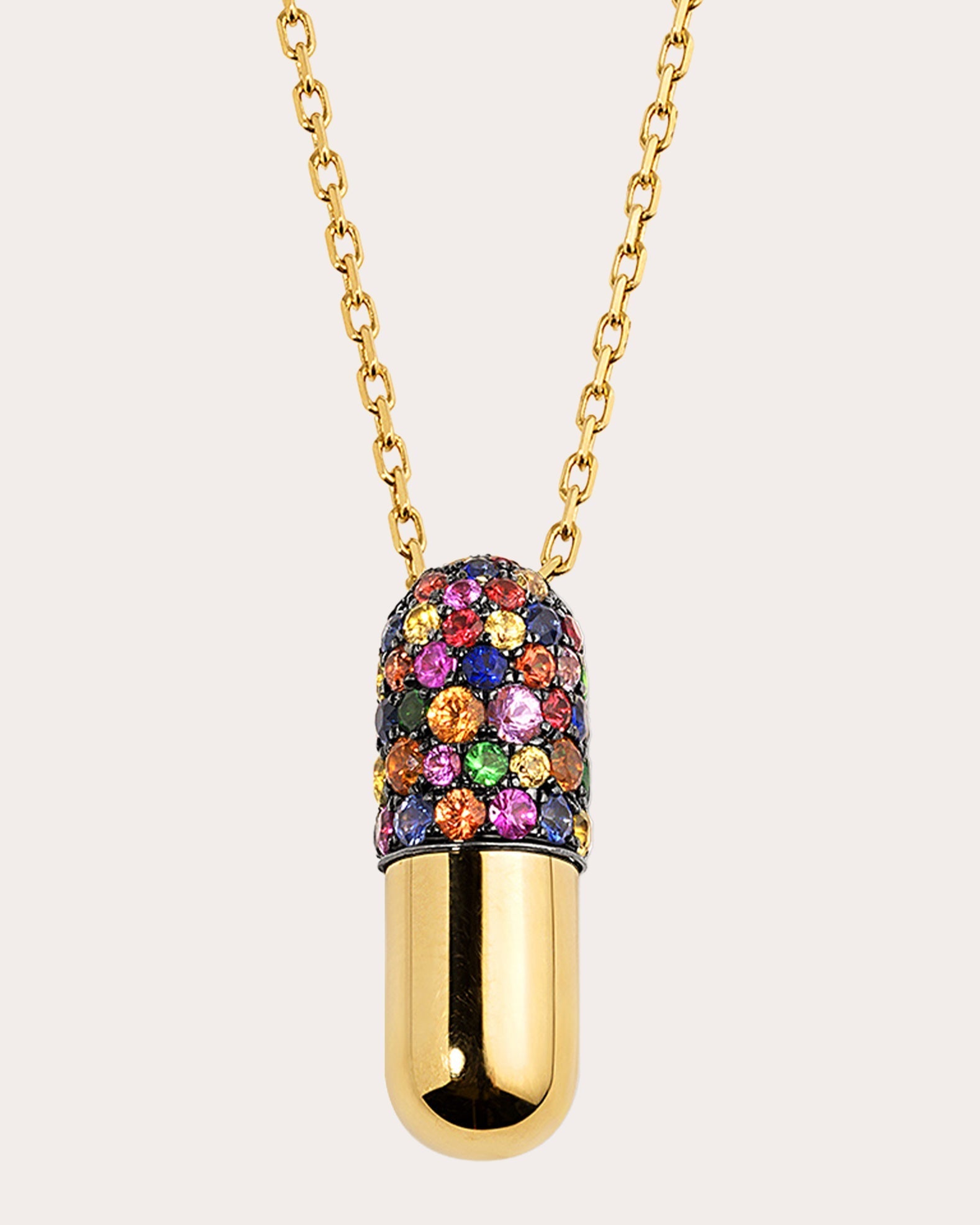 Large Pill 18K Gold Rhodium-Plated Rainbow Sapphire Pavé Pendant Necklace