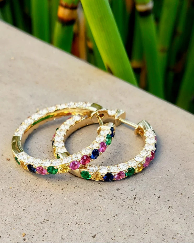 Three-Sided 18K Gold Multi-Stone Hoop Earrings