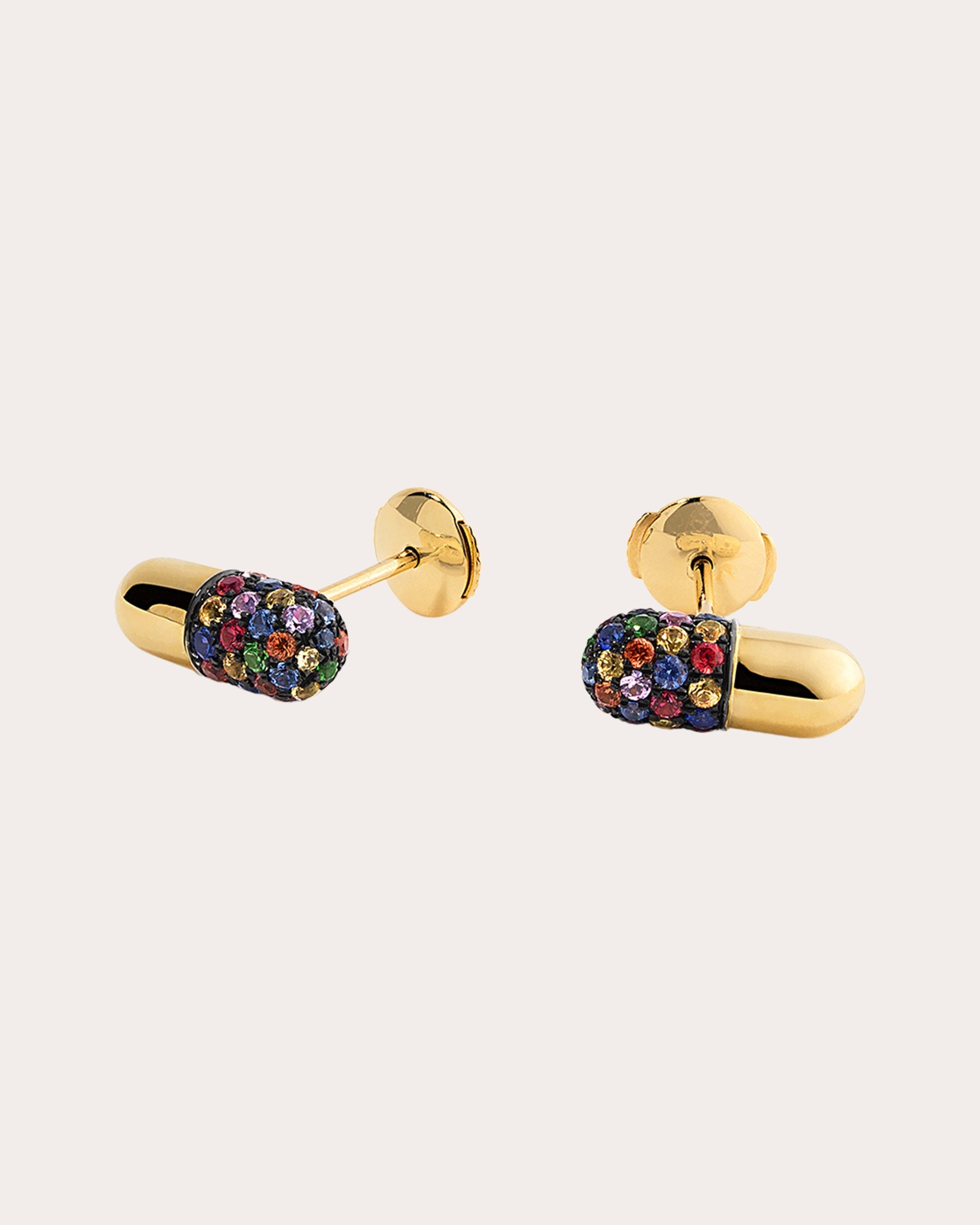 Pill 18K Gold Rhodium-Plated Rainbow Sapphire Pavé Stud Earrings