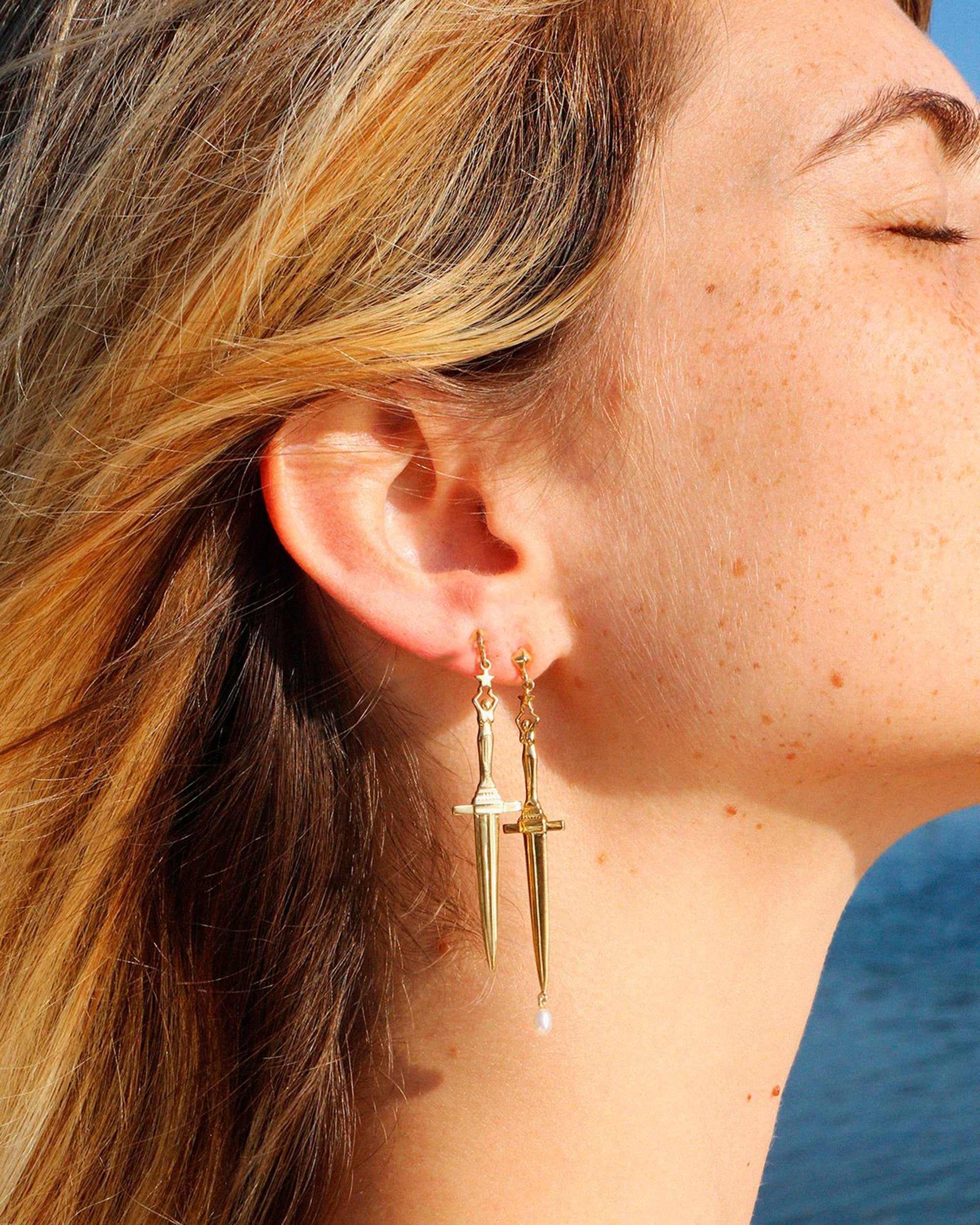 Dagger Gold-Plated Pearl Earrings
