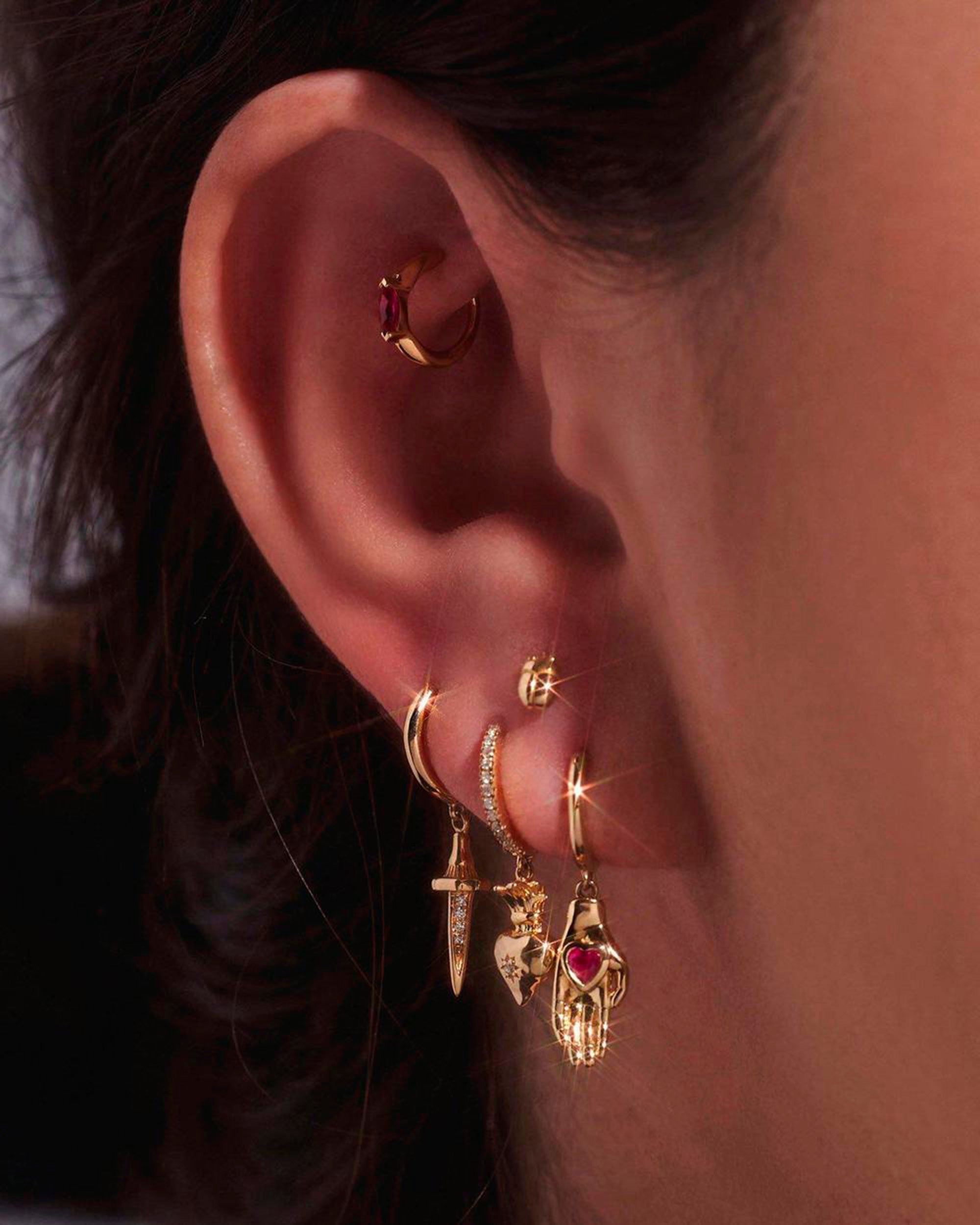 Heart in Hand 14K Gold Ruby Single Earring