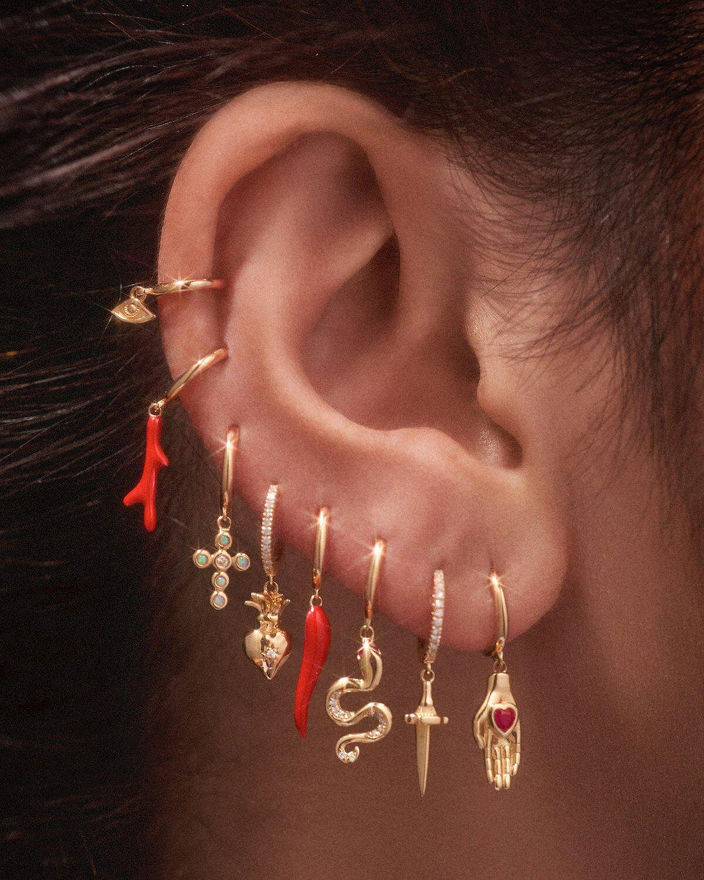 Red Italian Horn Huggie Earring