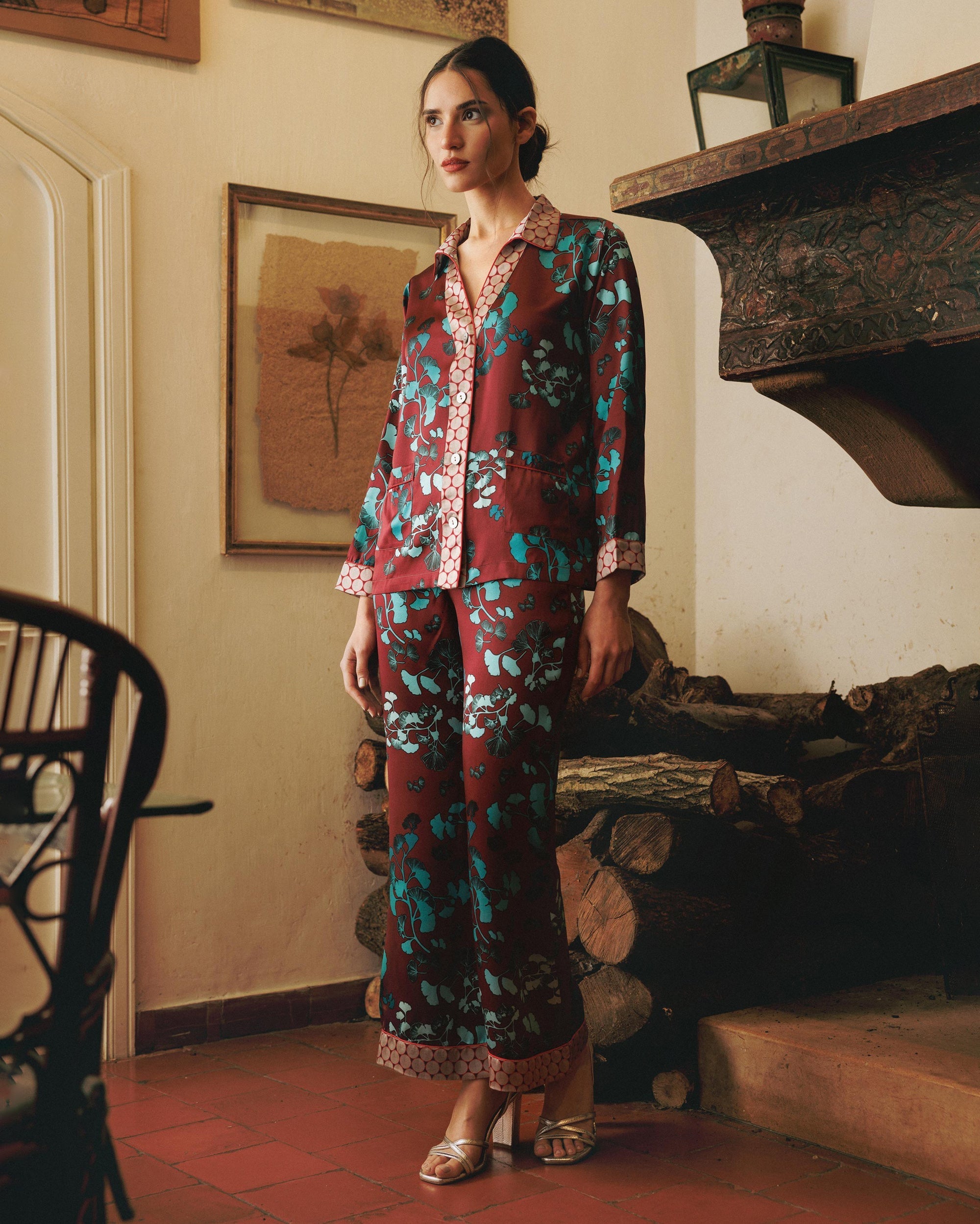 Tokyo Kazari Printed Silk Satin Pajama Set