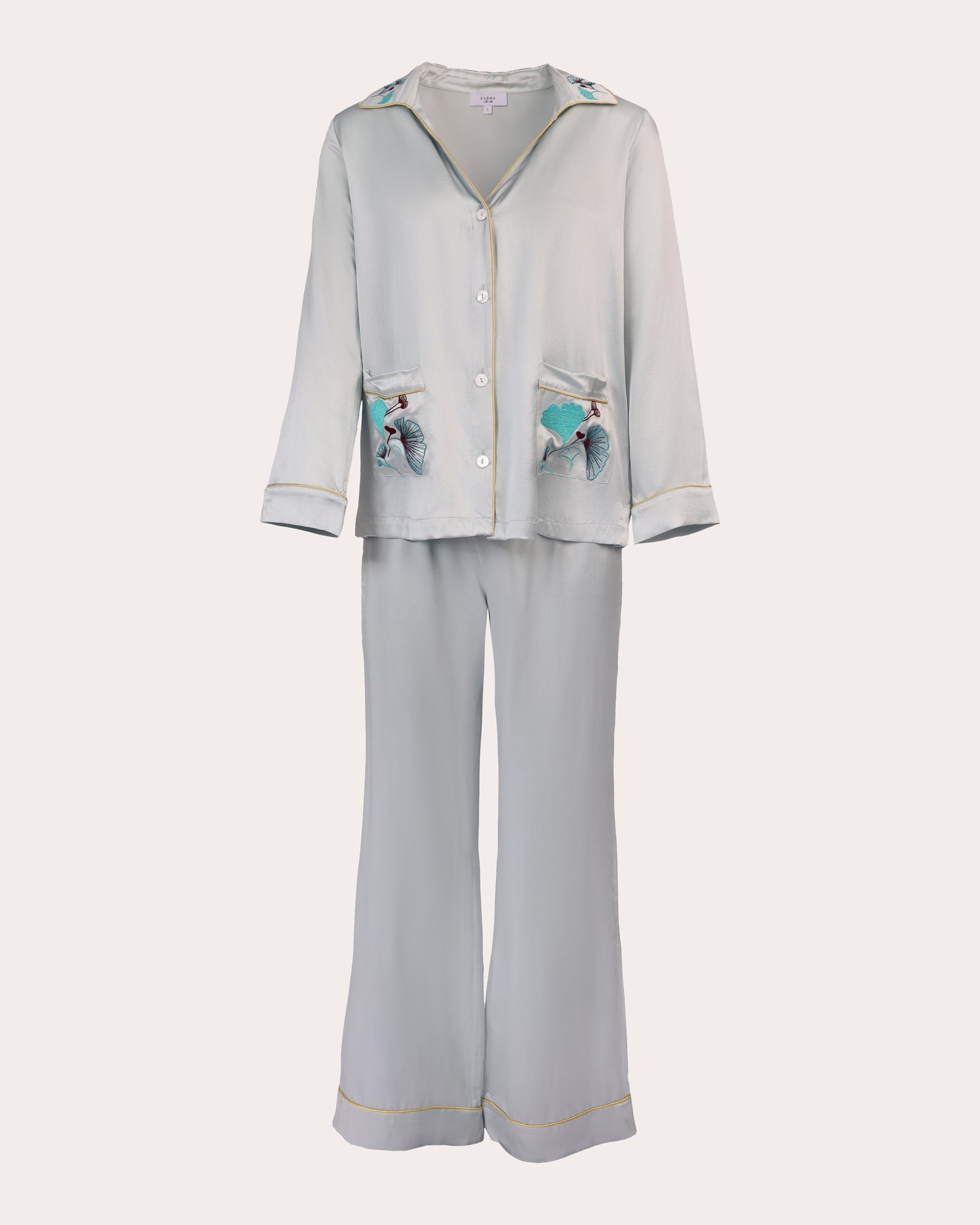 Tokyo Embroidered Silk Satin Pajama Set