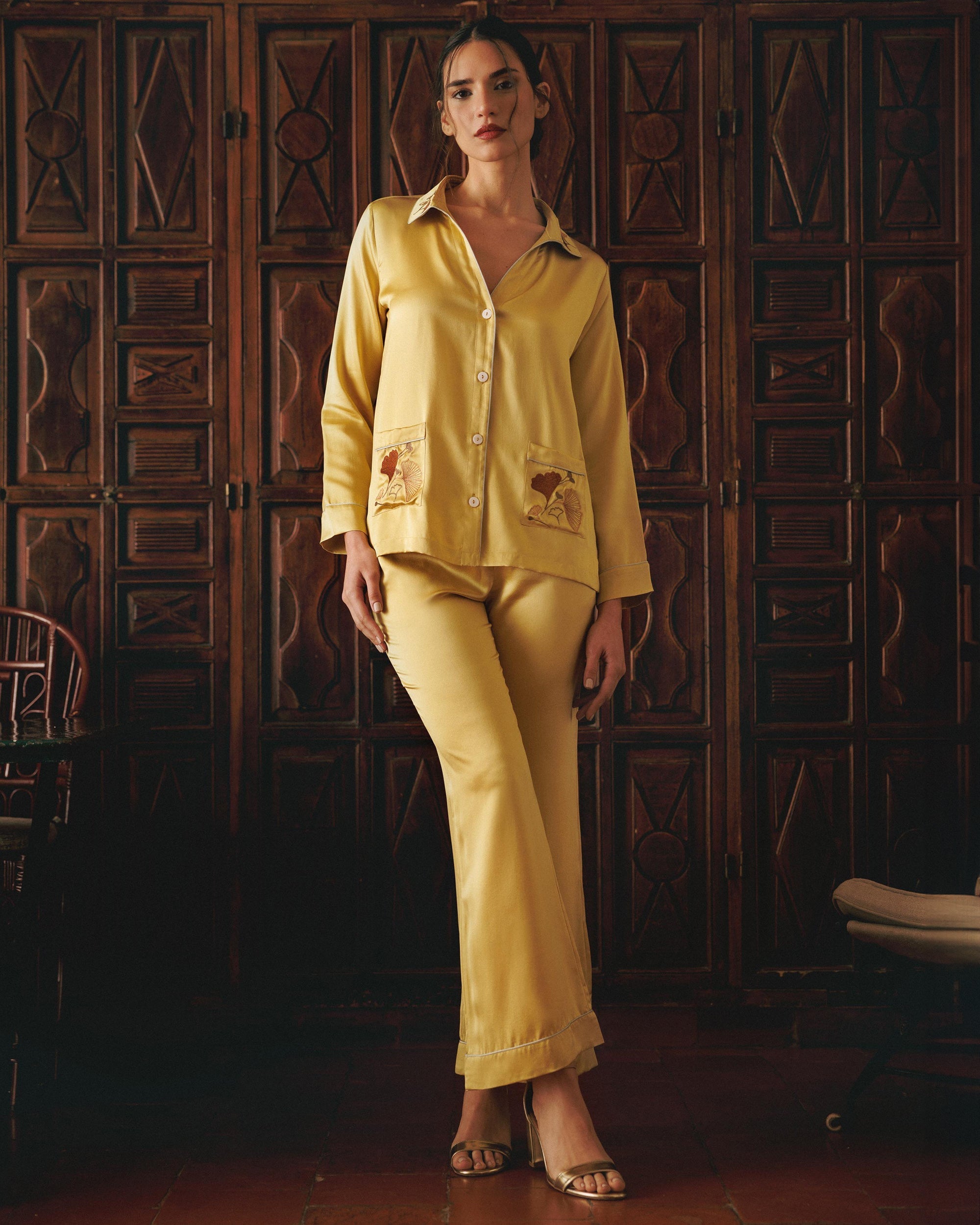 Tokyo Embroidered Silk Satin Pajama Set