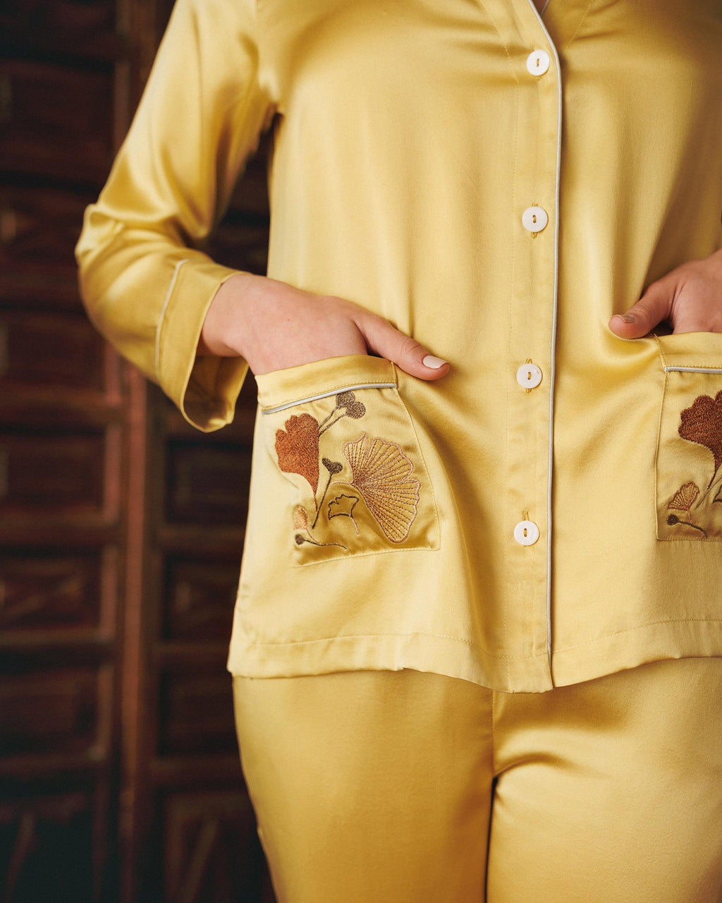 Tokyo Embroidered Silk Satin Pajama Set
