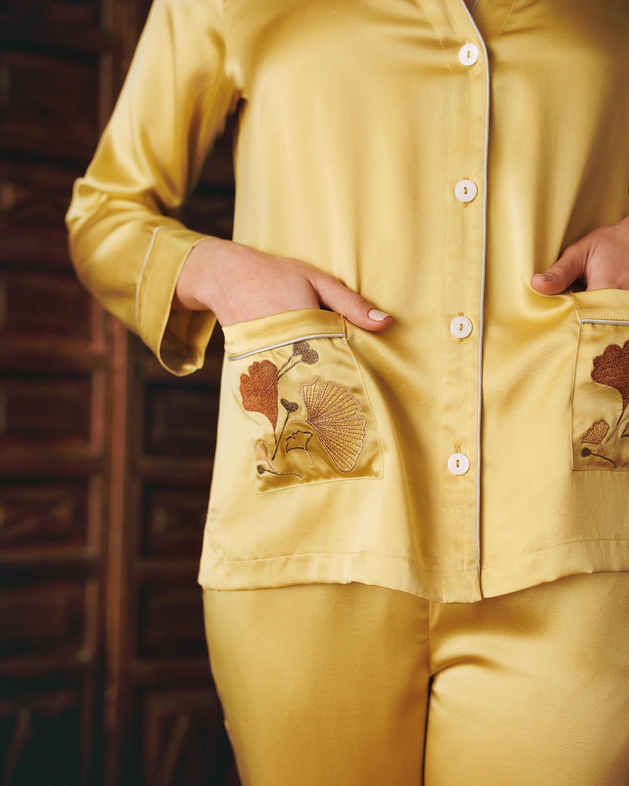 Tokyo Embroidered Silk Satin Pajama Set