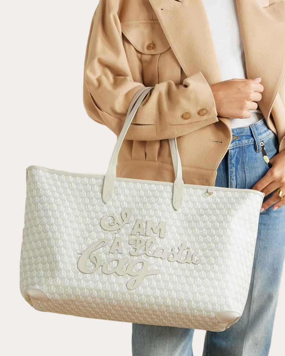 I am a Plastic Bag Appliquéd Leather-Trimmed Recycled Canvas Tote