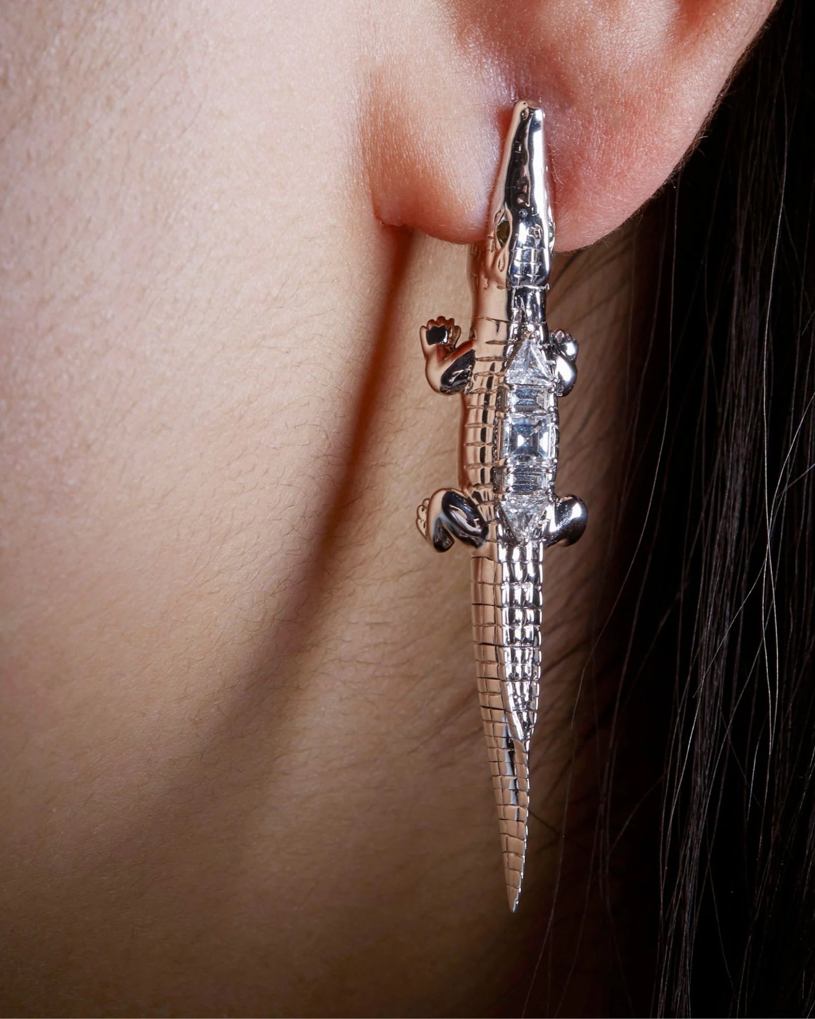 Art Deco Alligator Bite 18K Gold Diamond Single Earring