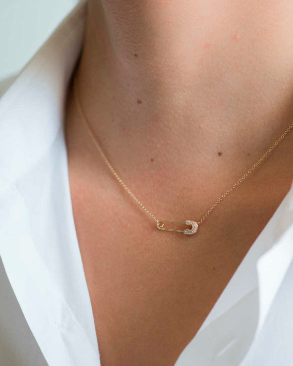 Safety Pin 14K Gold Diamond Pendant Necklace