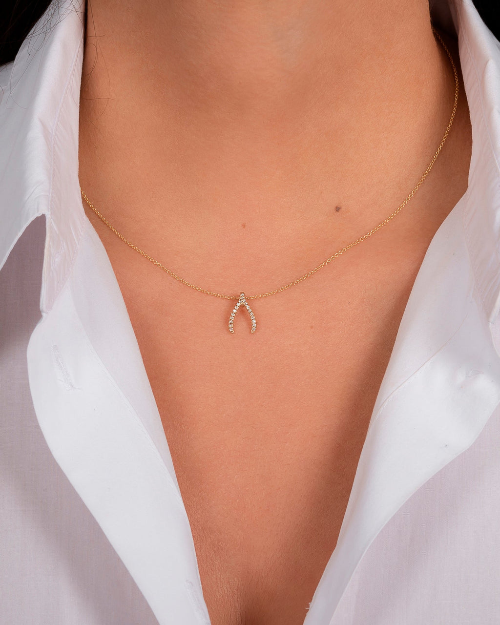 Mini Wishbone 14K Gold Diamond Pendant Necklace